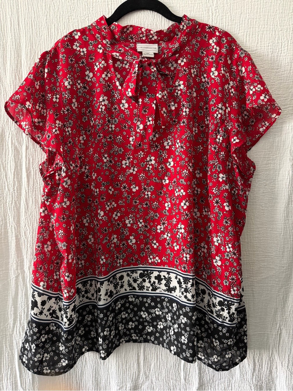 Liz Claiborne Red Floral Tie-Neck Blouse with Black Border